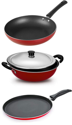 HM EVOTEK 3 Layer Coated Fry Pan Without Lids & Dosa Flat Tawa MAker , Kadai With Lids Non-Stick Coated Cookware Set(Aluminium, 3 - Piece)