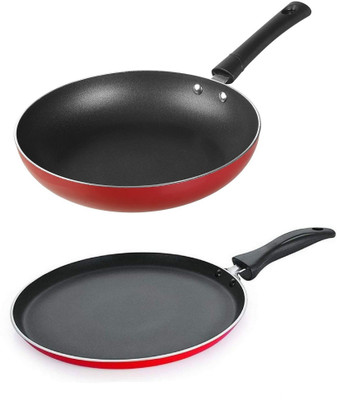 RBGIIT 3 Layer Coated Fry Pan Without Lids & Dosa Dhosa Flat Tawa MAker Non-Stick Coated Cookware Set(Aluminium, 2 - Piece)
