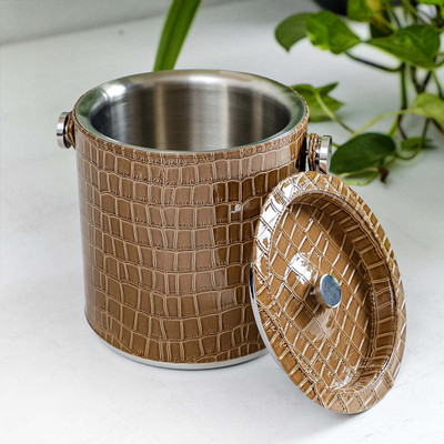 Home4U 1.5 L Steel Tan Leather Ice Bucket With Tong Ice Bucket(Brown)