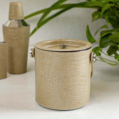 Home4U 1.5 L Steel Ivory Leather Sheath Ice Bucket With Tong Ice Bucket(Beige)