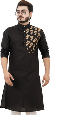Tibra Collection Men Embroidered Straight Kurta(Black)