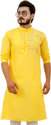 Tibra Collection Men Embroidered Straight Kurta(Yellow)
