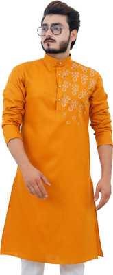 Tibra Collection Men Embroidered Straight Kurta(Orange)