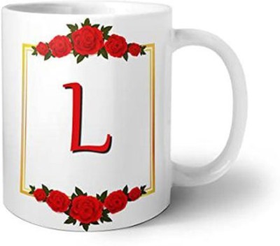 Misaki L Initial Design Printed Coffee With Red And Golden Frame Work Ceramic Coffee Mug(350 ml)