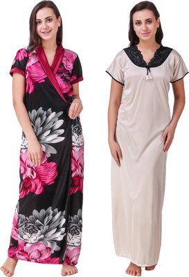 YUALIN CREATION Women Nighty with Robe(White)