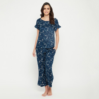Clovia Women Floral Print Green Top & Pyjama Set