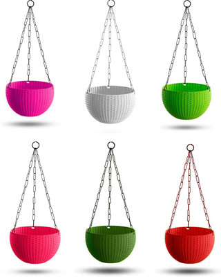 FULLSTOP 6 Woven Design Hanging Euro Basket Flower Pot for Indoor and Outdoor with Chain Plant Container Set(Pack of 6, Plastic)