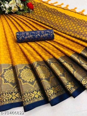 Juhi Collection Temple Border, Striped, Embellished, Woven, Floral Print Assam Silk Art Silk, Cotton Silk Saree(Yellow)