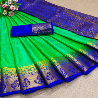 Morpich Fashion Woven Banarasi Silk Blend Saree(Green)