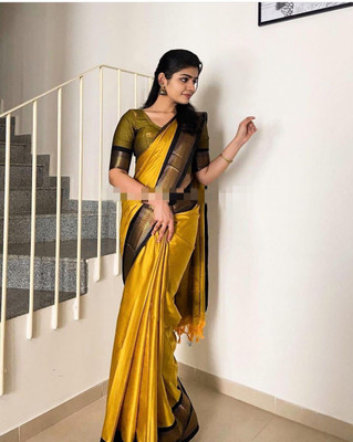Fab Silk Woven Paithani Cotton Silk Saree(Gold, Black)