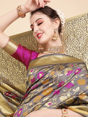 Sangria Woven Banarasi Silk Blend Saree(Grey)