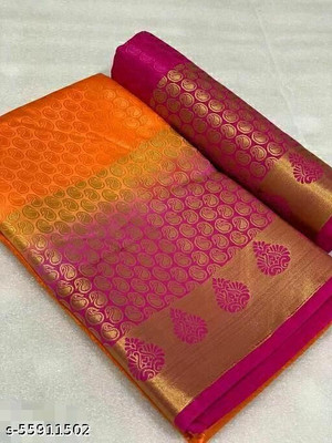Morpich Fashion Woven Banarasi Silk Blend Saree(Orange)