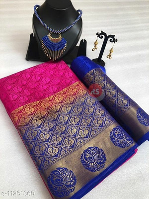 Morpich Fashion Woven Banarasi Silk Blend Saree(Pink)