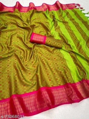 VRINDITA FASHION Temple Border, Striped, Woven, Solid/Plain, Checkered Assam Silk Art Silk, Cotton Silk Saree(Light Green)