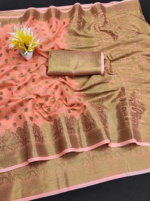 Shopya Woven Kanjivaram Pure Silk, Cotton Silk Saree(Orange)