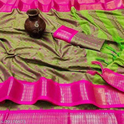 Juhi Collection Temple Border, Striped, Woven, Solid/Plain, Checkered Daily Wear Art Silk, Cotton Silk Saree(Light Green)