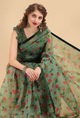 Sangria Printed Bollywood Organza Saree(Dark Green)