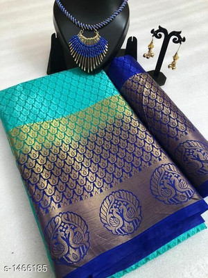 Morpich Fashion Self Design Banarasi Silk Blend Saree(Light Blue)