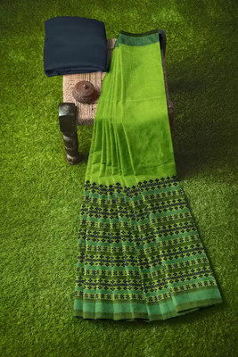 Sabita Self Design Handloom Cotton Blend Saree(Green)