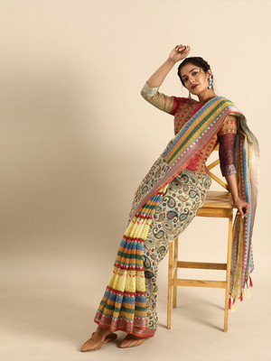 Sangria Paisley Bollywood Linen Saree(Beige)