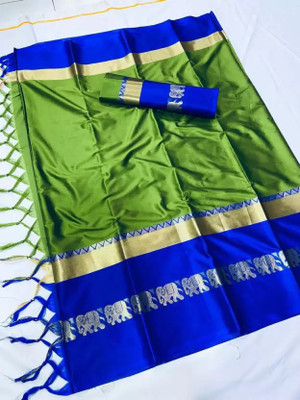 Fab Silk Printed Banarasi Cotton Silk Saree(Dark Green)