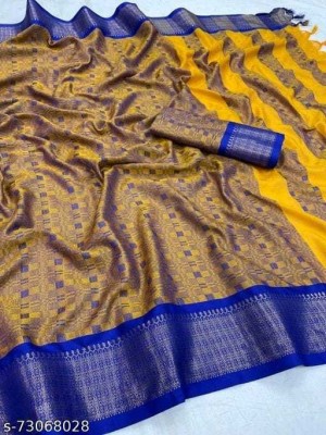 VRINDITA FASHION Temple Border, Striped, Woven, Solid/Plain, Checkered Assam Silk Art Silk, Cotton Silk Saree(Mustard)