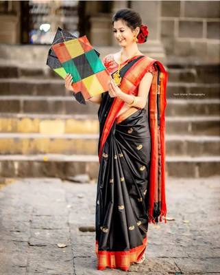 Fab Silk Woven Paithani Cotton Silk Saree(Red, Black)