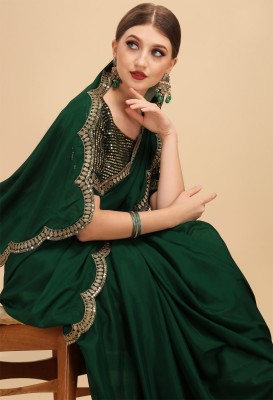 Sangria Embellished Bollywood Crepe Saree(Dark Green)