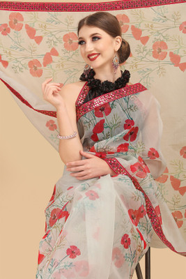 Sangria Printed Bollywood Organza Saree(White)