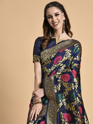 Sangria Woven Banarasi Cotton Silk Saree(Dark Blue)