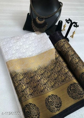 Morpich Fashion Woven Banarasi Silk Blend Saree(White)