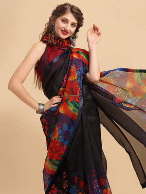 Sangria Printed Bollywood Organza Saree(Dark Blue)