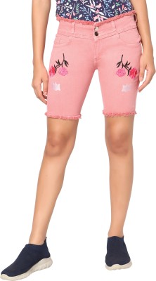 SLEEON Embroidered Women Denim Pink Regular Shorts