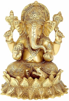 Idolsplace Brass Lord Ganesha Sitting On Lotus Idol 1300gm Decorative Showpiece  -  17 cm(Brass, Gold)