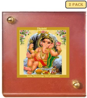DIVINITI Bal Ganesha God Idol Car Dashboard MDF 1B wooden Frame 24K Gold Plated 2 pack Decorative Showpiece  -  9 cm(Gold Plated, Brown)