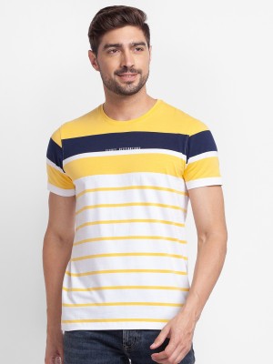 Spykar Striped Men Round Neck Yellow T-Shirt