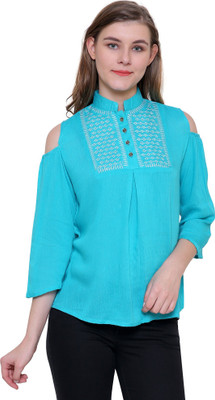 Aditii's Mantra Casual 3/4 Sleeve Embroidered Women Blue Top