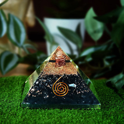 Swara Agate Black Tourmaline Crystal Pyramid For Positive Energy Crystal, Copper Yantra(Pack of 1)