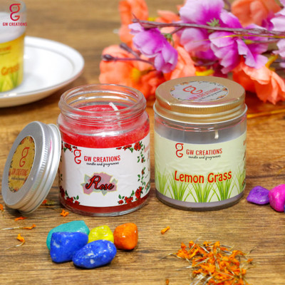 GW Creations Combo Set of Rose + Lemon Grass fragrances Circle Glass Jar Candle(Red, Blue, Pack of 2)