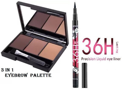 KAIASHA 36H BLACK WATERPROOF PEN LIQUID EYE LINER PENCIL MAKE UP BEAUTY EYE BROWS PALETTE 3 COLOR BROW SHADING WITH SPOOLY BRUSH.(2 Items in the set)