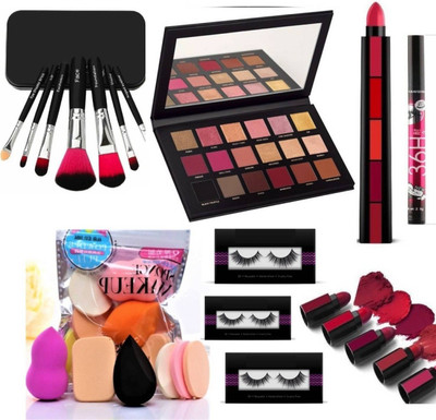 klaty All in one Eyeshadow with set of makeup brushes and 5in1 lipstick, 1 Eyeliner with set of 6 makeup puff and 3 Eyelashes(8 Items in the set)