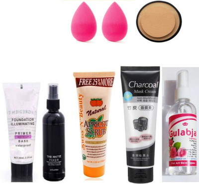 brown blush MAKEUP FIXER WITH PRIMER AND COMPACT WITH SCRUB ,MASK AND ROSE WATER,2 PUFF(8 Items in the set)