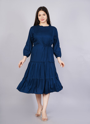 FANCIFY Women Fit and Flare Blue Below Knee Dress