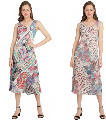 TSM Women A-line Multicolor, White Midi/Calf Length Dress