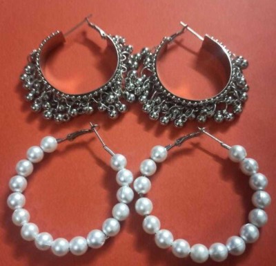 PVL Combo Pack of Silver Color Hoop Bali & White Color Pearl Earrings Alloy Hoop Earring