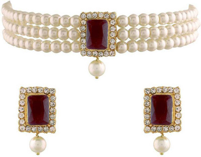 White pearl Alloy Gold-plated White, Gold, Ruby Red Jewellery Set(Pack of 1)