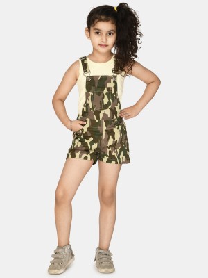 Kids Cave Dungaree For Girls Casual Printed Polyester(Green, Pack of 1)