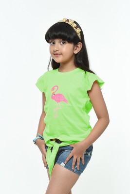 SHINX Baby Girls Printed Pure Cotton T Shirt(Green, Pack of 1)