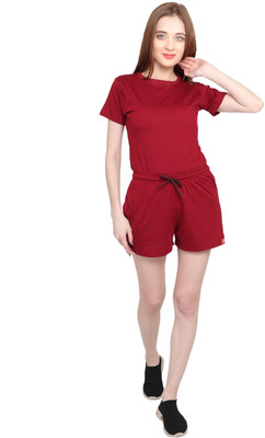 GENEALO Women Self Design Maroon Top & Shorts Set