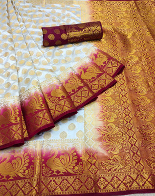 Morpich Fashion Self Design Banarasi Nylon Saree(Cream)